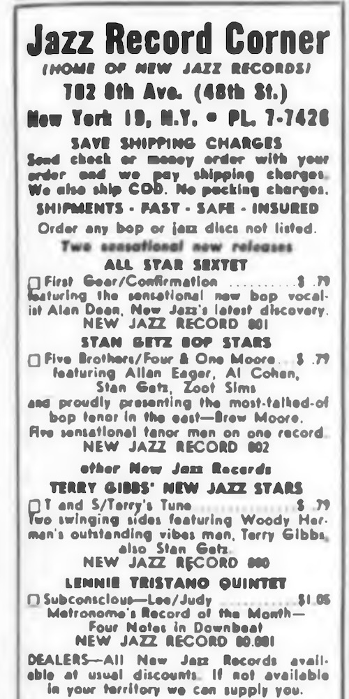 Jazz Record Corner Ad, in The Billboard, May 20, 1949, p.15 | microgroove.jp Jazz Record Corner Ad, in The Billboard, May 20, 1949, p.15