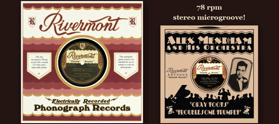 Two Rivermont Records 78rpm sleeves -- Happy Feet by The Chicago Cellar Boys (596, left) and Okay Toots by Alex Mendham and His Orchestra (593, right) -- with the tagline '78 rpm stereo microgroove!'