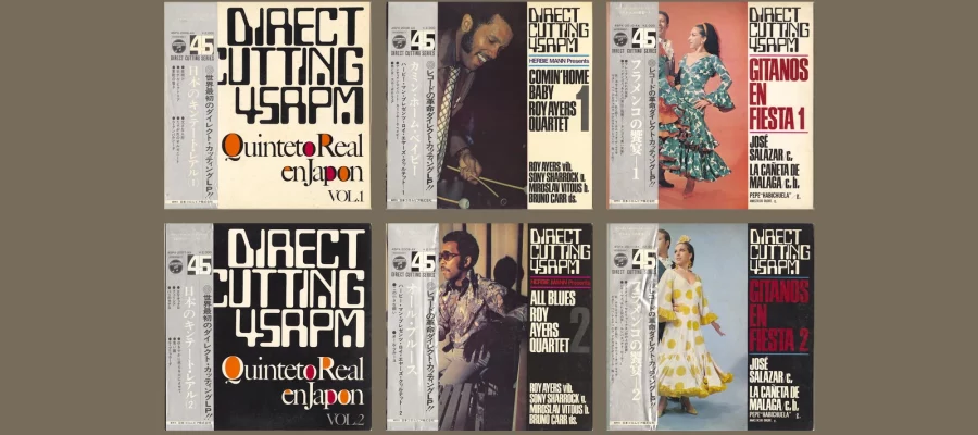 Six Nippon Columbia Direct Cutting Series 45rpm album covers in a 3x2 grid: Quinteto Real en Japon Vol. 1 and Vol. 2, Herbie Mann Presents Roy Ayers Quartet's Comin' Home Baby and All Blues, and Gitanos en Fiesta Vol. 1 and Vol. 2