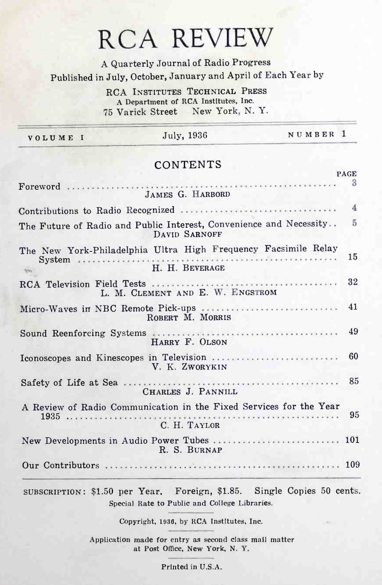 RCA Review, Volume I, No. 1, July 1936