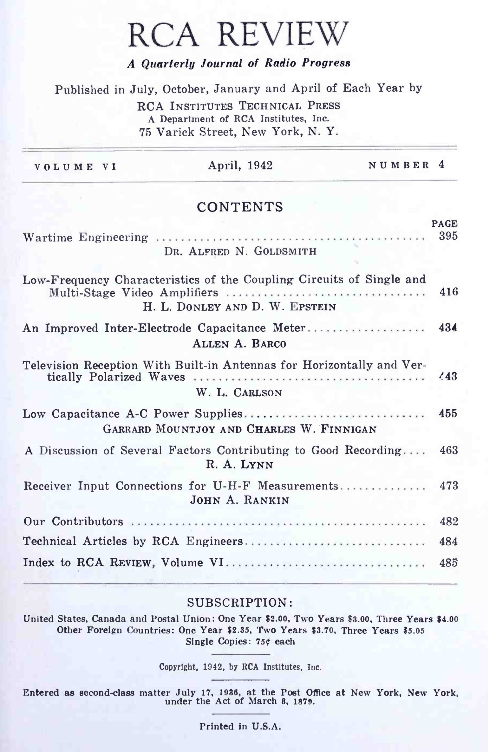 RCA Review, Volume VI, No. 4, April 1942