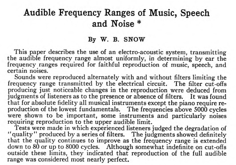 “Audible Frequency Ranges of Music, Speech and Noise” (W.B. Snow, 1931)