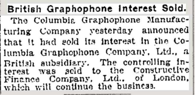 British Gramophone interest Sold. (1922)