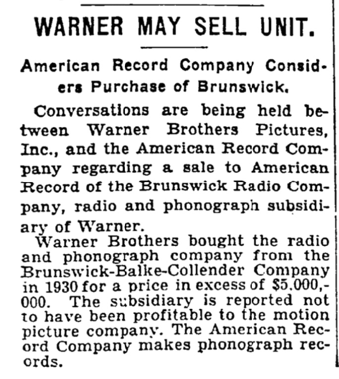 Warner May Sell Unit. (1922)