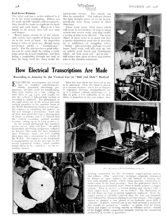 “How Electrical Transcriptions are Made” (Wireless World, Nov. 24, 1938)