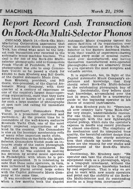Report Record Cash Transaction On Rock-Ola Multi-Selector Phonos (1936)