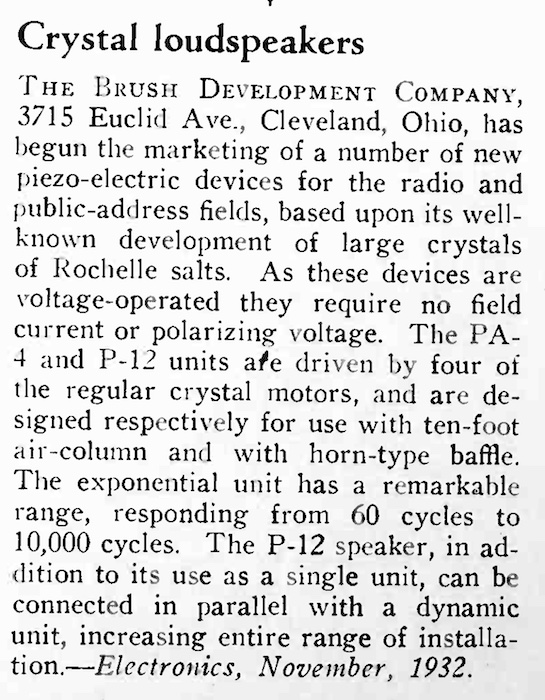 Crystal loudspeakers (Electronics, Nov. 1932)