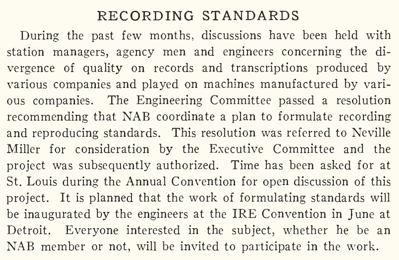 Recording Standards (NAB Annual Reports, 1941)