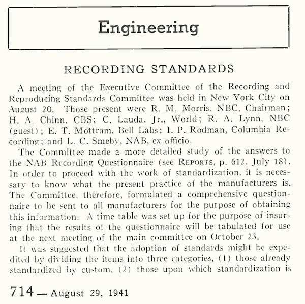 Recording Standards (NAB Reports, August 29, 1941)