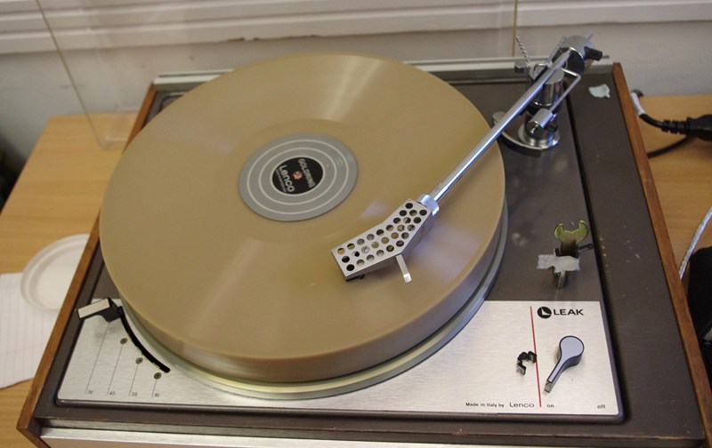 Figure 11: A freshly recorded wax disc plays on the turntable used for transcription (Kolkowski et al, 2015)