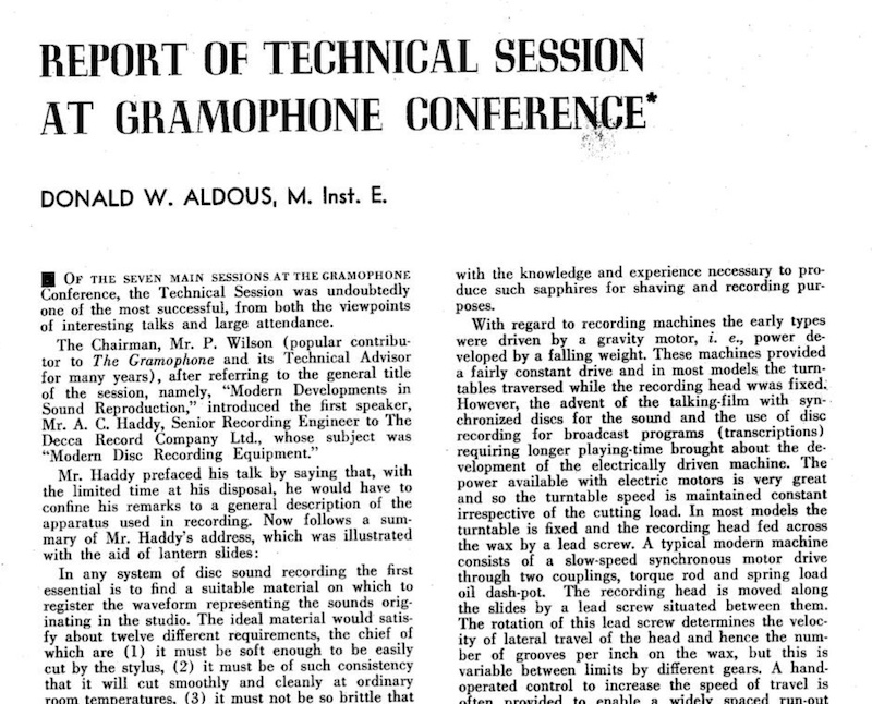 Report of Technical Session at Gramophone Conference (Aldous, 1939)