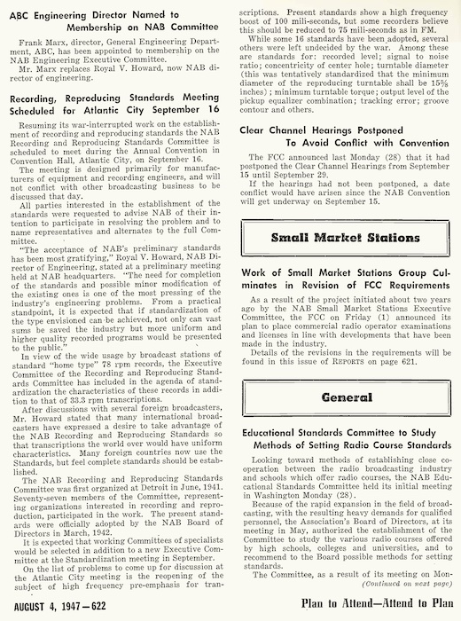 Recording, Reproducing Standards Meeting Scheduled for Atlantic City September 16 (NAB Reports, August 4, 1947)