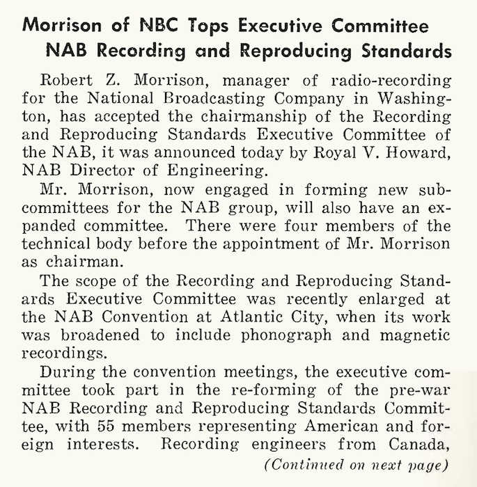 Morrison of NBC Tops Executive Committee; NAB Recording and Reproducing Standards (NAB Reports, September 29, 1947)