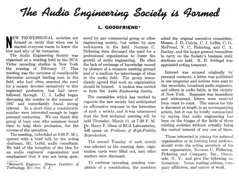 The Audio Engineering Society is Formed