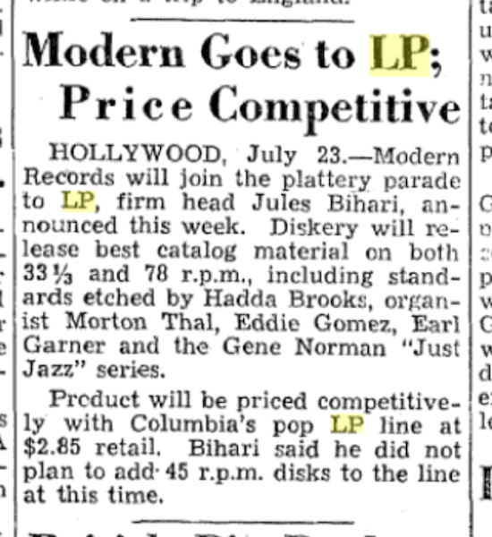Modern Goes to LP; Price Competitive (1949)