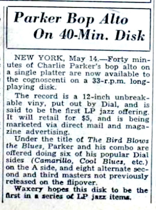Parker Bop Alto On 40-Min. Disk