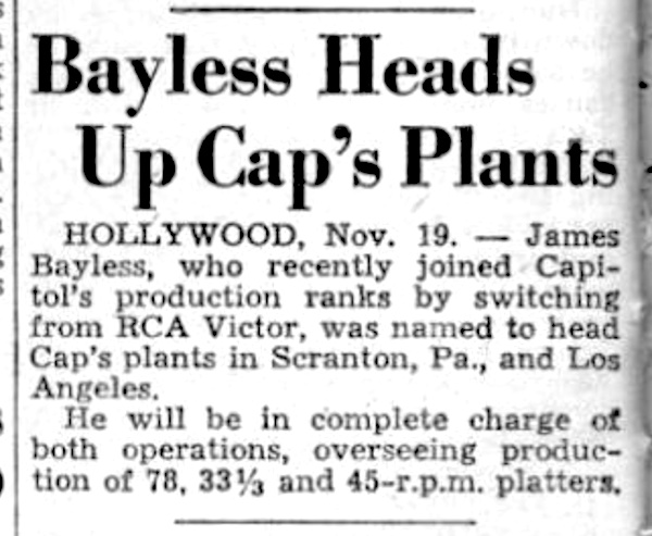 Bayless Heads Up Cap's Plants (1949)