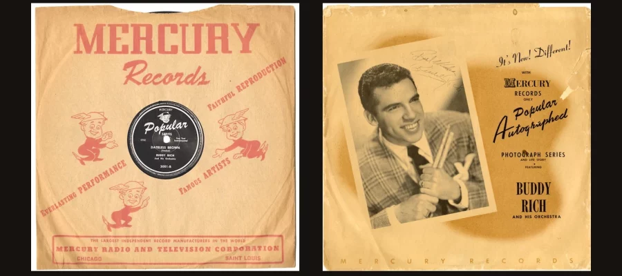 Mercury's standard company sleeve for the Buddy Rich 78 (left) next to the rare Popular Autographed Photograph Series sleeve featuring Buddy Rich (right)
