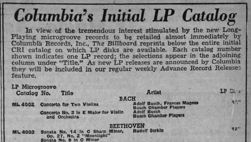Columbia's Initial LP Catalog