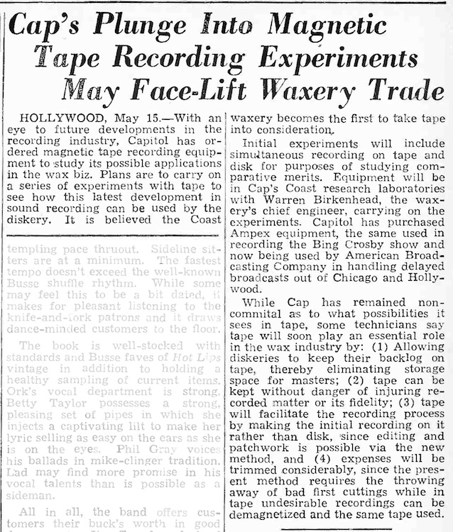 Cap's Plunge Into Magnetic Tape Recording Experiments May Face-Lift Waxery Trace