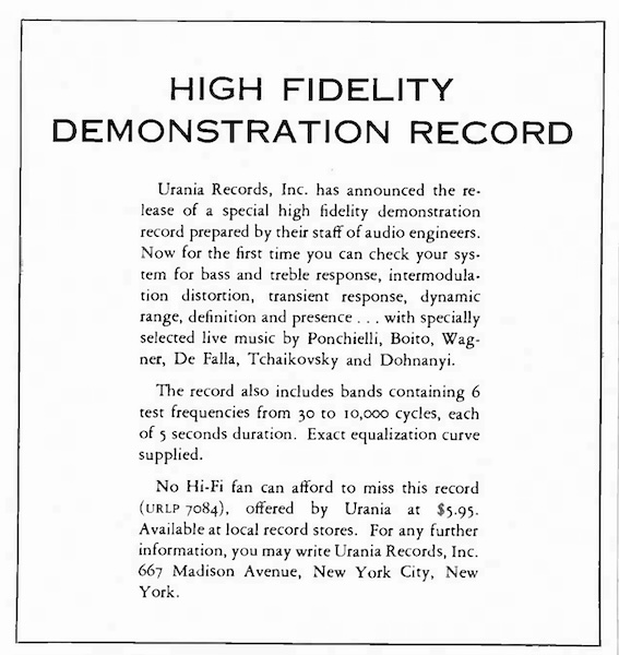 Urania's “HIGH FIDELITY DEMONSTRATION RECORD” (1953)