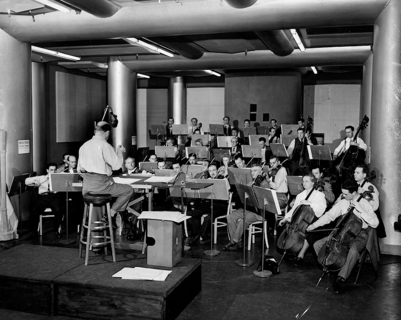 Fig. 1: Reeves Studio B, showing the setup for recording the Philadelphia Philharmonic Orchestra, Eugene Ormandy conducting