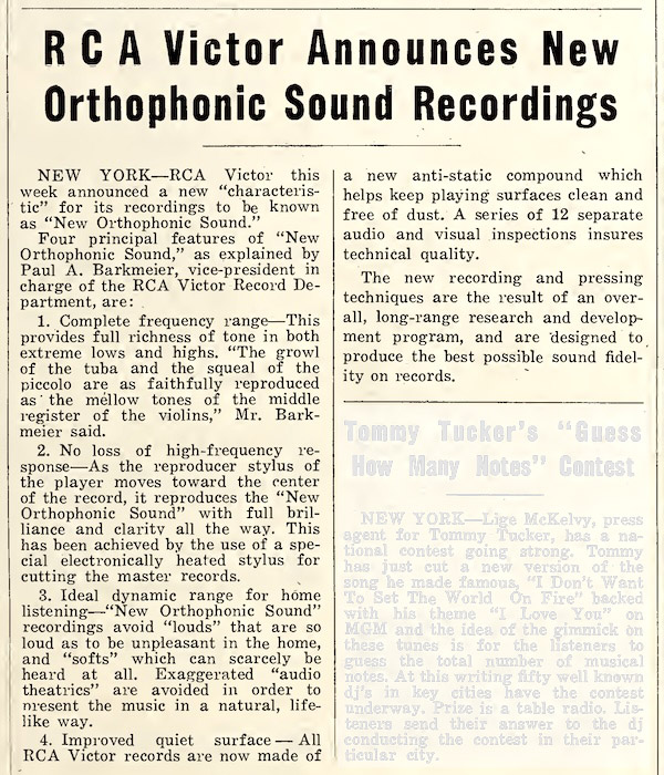 RCA Victor Announces New Orthophonic Sound Recordings (Cash Box, 1952)