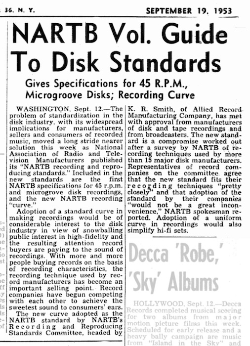 “NARTB Vol. Guide To Disk Standards”, The Billboard, Sep. 19, 1953, p.14.