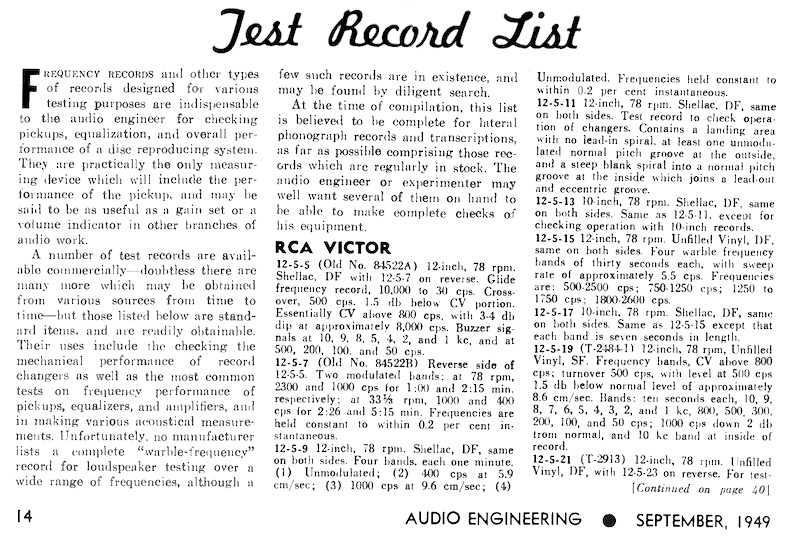 Test Record List (Audio Engineering, Sep. 1949)