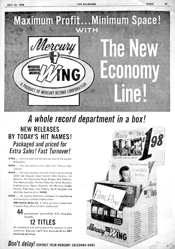 Mercury/Wing Ad (Billboard, Jul. 21, 1958, p.43)