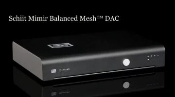 Schiit Mimir Balanced Mesh DAC on a black reflective surface, with the title Schiit Mimir Balanced Mesh(TM) DAC