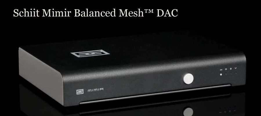 Schiit Mimir Balanced Mesh DAC on a black reflective surface, with the title Schiit Mimir Balanced Mesh(TM) DAC