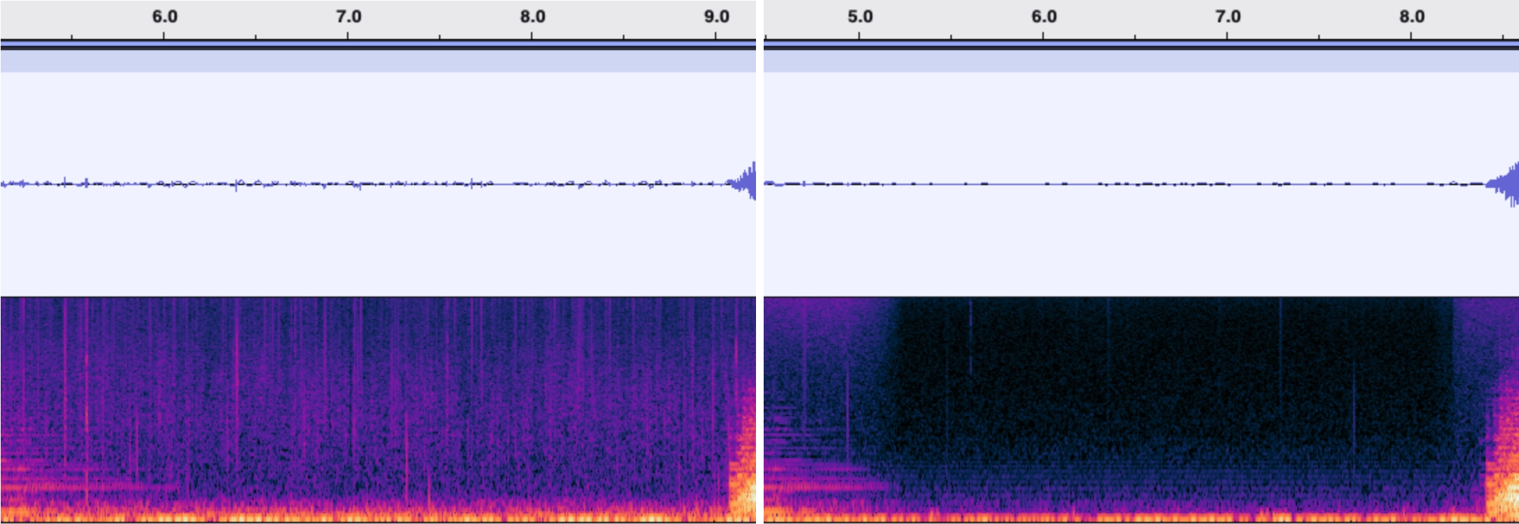 Spectrogram comparison of W-587 (left) and MFSL 1-130 (right) at the B-4/B-5 spiral groove, showing MFSL's leader tape dead silence printing through while W-587 retains tape hiss across the gap. | microgroove.jp Spectrogram comparison of W-587 (left) and MFSL 1-130 (right) at the B-4/B-5 spiral groove, showing MFSL's leader tape dead silence printing through while W-587 retains tape hiss across the gap.