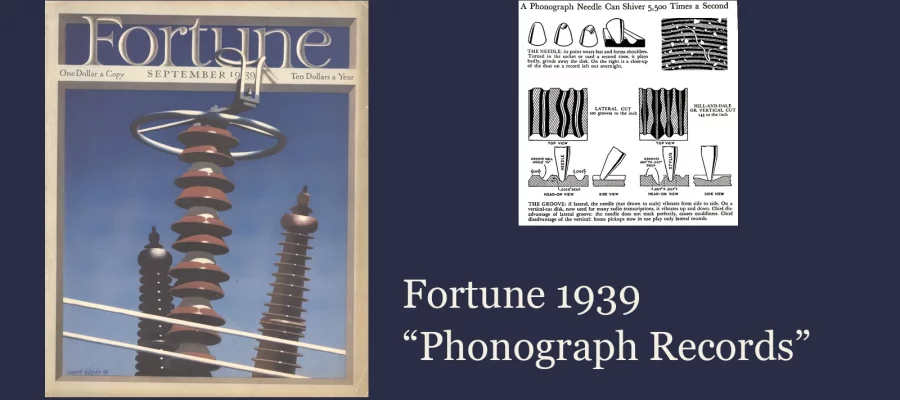 Fortune magazine September 1939 cover next to page 75 of its A Phonograph Needle Can Shiver 5,500 Times a Second article, with the title Fortune 1939 Phonograph Records