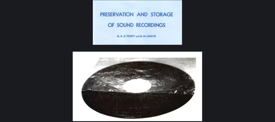 Title page of Pickett and Lemcoe's 1959 report Preservation and Storage of Sound Recordings above Figure 17, a photograph of surface imprint on a disc caused by a wrinkled polyethylene jacket
