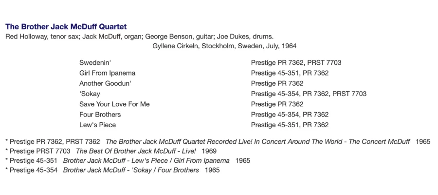 Discography table for The Brother Jack McDuff Quartet (Red Holloway, tenor sax; Jack McDuff, organ; George Benson, guitar; Joe Dukes, drums), recorded at Gyllene Cirkeln, Stockholm, Sweden, July 1964, listing tracks and Prestige label releases