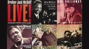 Collage of 6 Jack McDuff reissue CD covers: Brother Jack Live!, The Soulful Drums, Red Holloway - Brother Red, The Concert McDuff, Legends of Acid Jazz, George Benson / Jack McDuff