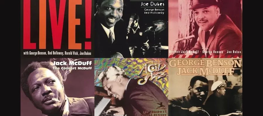 Collage of 6 Jack McDuff reissue CD covers: Brother Jack Live!, The Soulful Drums, Red Holloway - Brother Red, The Concert McDuff, Legends of Acid Jazz, George Benson / Jack McDuff
