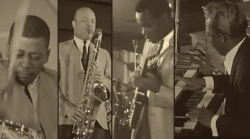 Joe Dukes, Red Holloway, George Benson, and Brother Jack McDuff performing at the Antibes Jazz Festival, 1964 (photo collage)