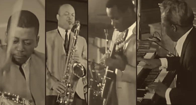 Joe Dukes, Red Holloway, George Benson, and Brother Jack McDuff performing at the Antibes Jazz Festival, 1964 (photo collage)