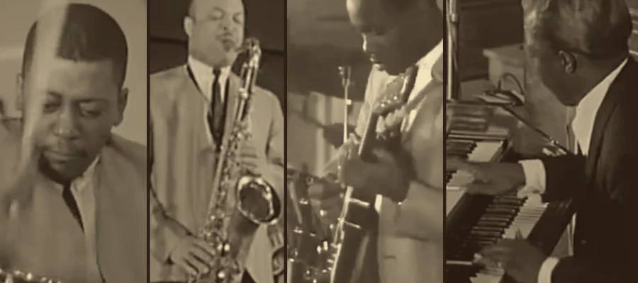 Joe Dukes, Red Holloway, George Benson, and Brother Jack McDuff performing at the Antibes Jazz Festival, 1964 (photo collage)