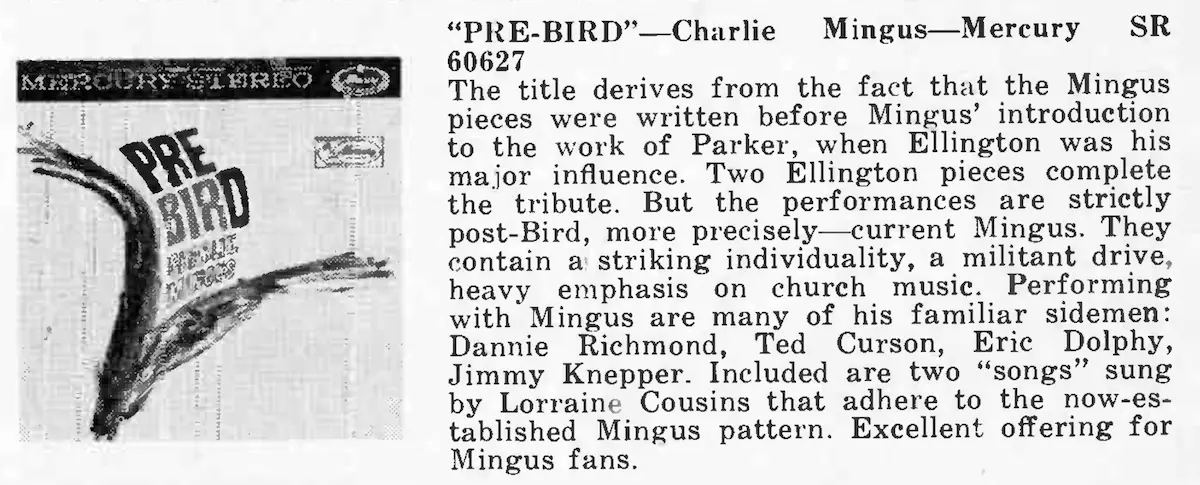 Cashbox_Sep9_1961_p23 | microgroove.jp Cash Box magazine, September 9, 1961, page 23: a capsule review of Charles Mingus's Pre-Bird (Mercury SR 60627), reproduced with the album jacket