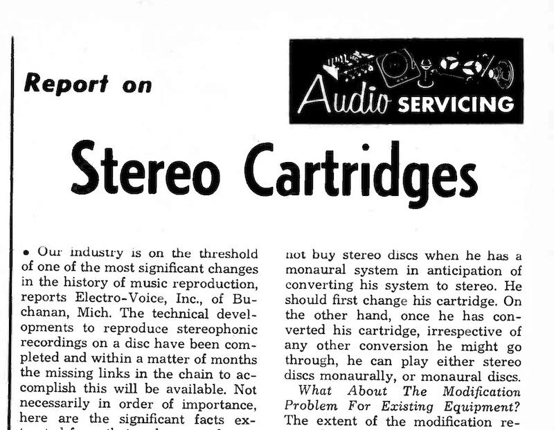 Report on Stereo Cartridges, in Electronic Technician, March 1958, p.35