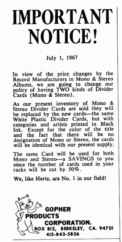 The notice from Gopher Products Corporation in Billboard, August 19, 1967, Section II (International Music-Record Directory), p.121. It is dated July 1, 1967