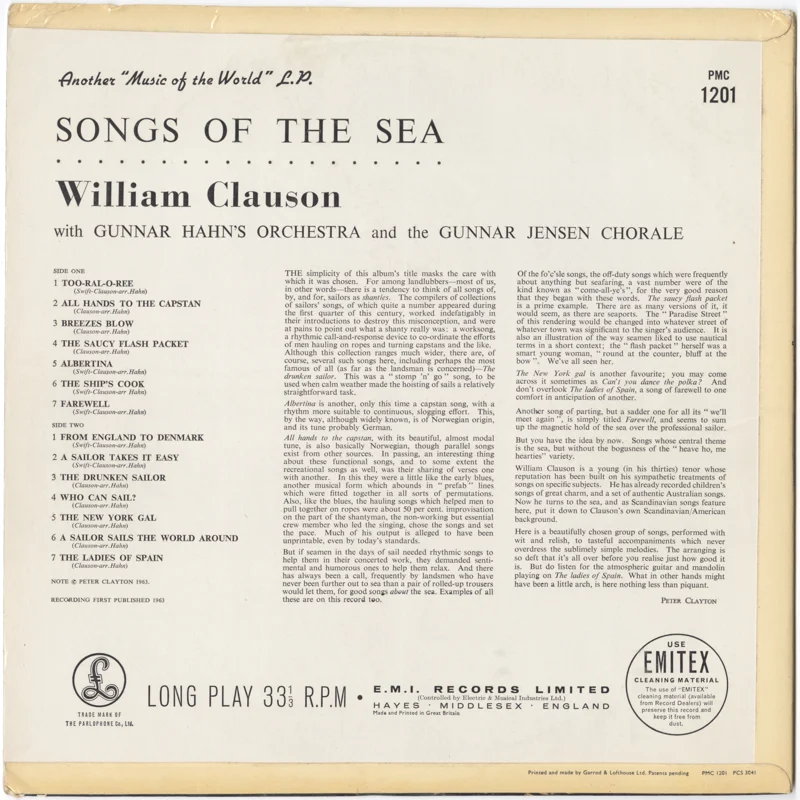 Rear cover of William Clauson, Songs Of The Sea (Parlophone PMC 1201, 1963)