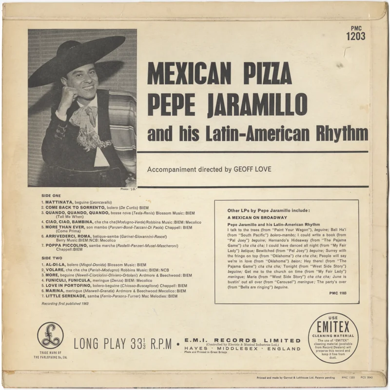 Rear cover of Pepe Jaramillo, Mexican Pizza (Parlophone PMC 1203, 1963)