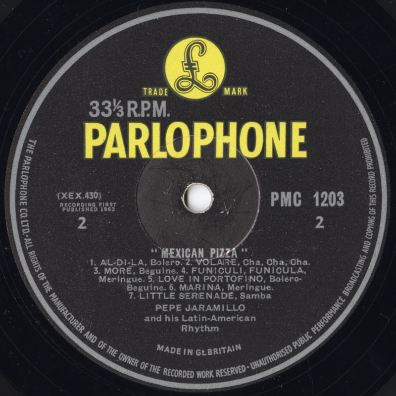 Side 2 label of Pepe Jaramillo, Mexican Pizza (Parlophone PMC 1203), yellow on black