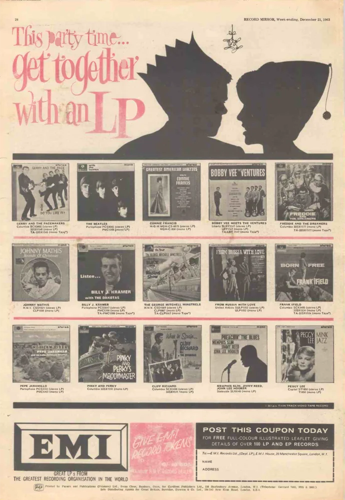 Record Mirror, 21 December 1963, page 24: EMI's Christmas LP advertisement, including Mexican Pizza and With The Beatles
