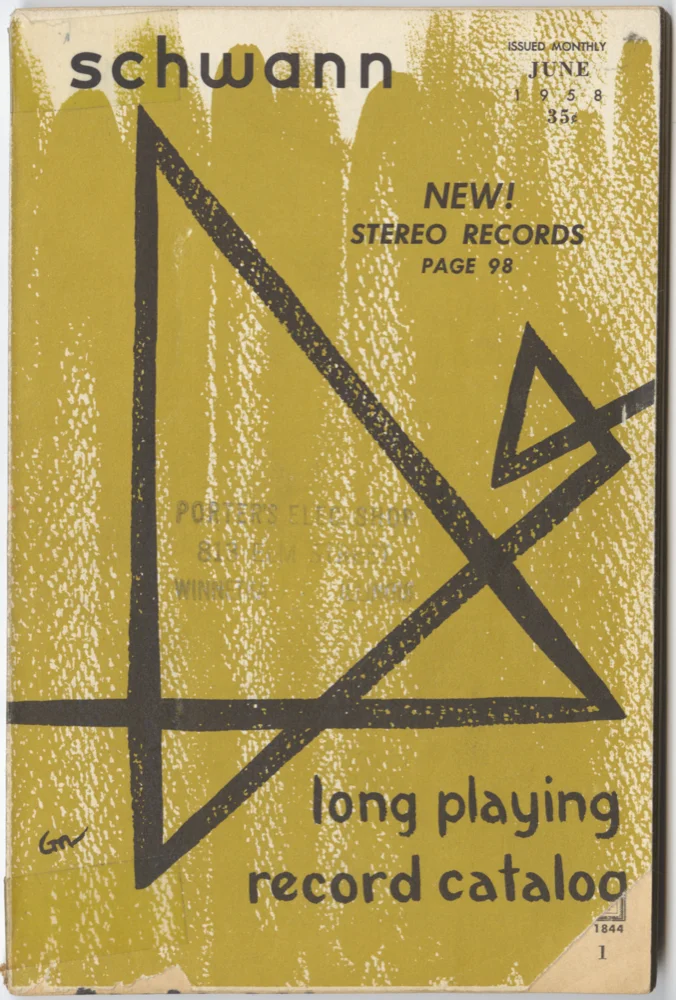 Cover of the Schwann Long Playing Record Catalog, June 1958: black geometric line drawing of triangles and lines on an ochre ground, with the text "schwann", "ISSUED MONTHLY JUNE 1958 35¢", "NEW! STEREO RECORDS PAGE 98" and "long playing record catalog", and a faint dealer's rubber stamp reading "PORTER'S ELEC SHOP" with a partly illegible address line