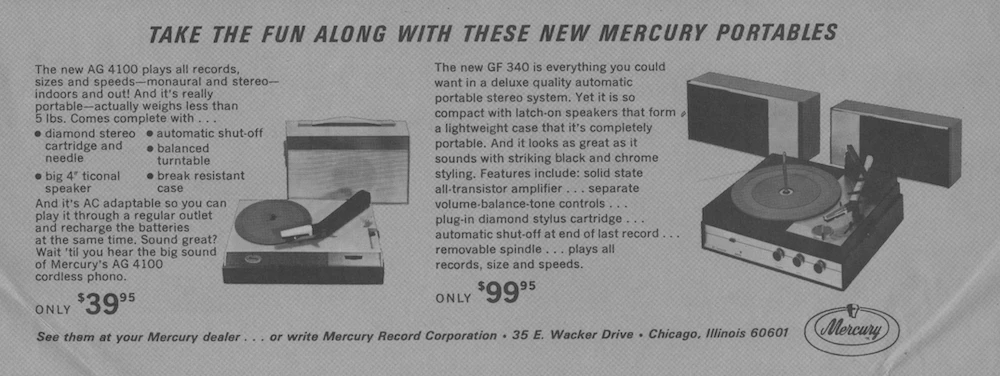 The advertisement for Mercury's portables on the company sleeve that came with the same record. The AG 4100 is on the left. Cropped from my scan